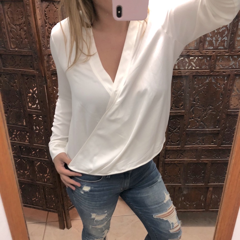 BCBG MaxAzria Shiny Satin White Wrap Top NWT
